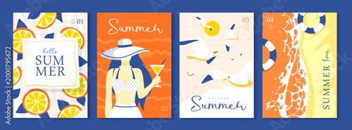 Set of summer Italian posters or covers with woman silhouette, cocktail, lemons, beach, seagulls and swim ring on the beach. Vector illustration