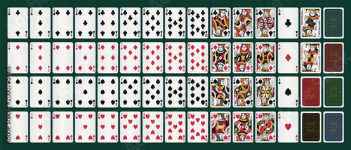 Playing Blackjack and Poker cards, full deck, face and back side. Vector editable illustration. Modern casino look. Premium luxury digital-ready design.