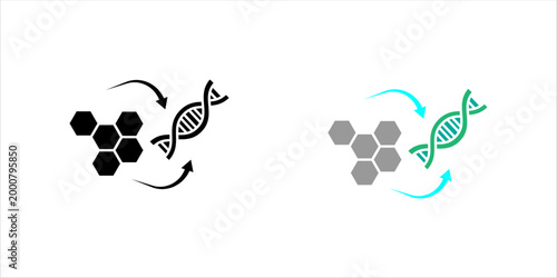Minimal outline icon set. illustrating DNA strands connected with molecular structures representing biotechnology, genetic engineering, and scientific research processes.