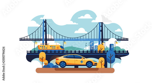 Yellow car parked on a road with a bridge in the background.