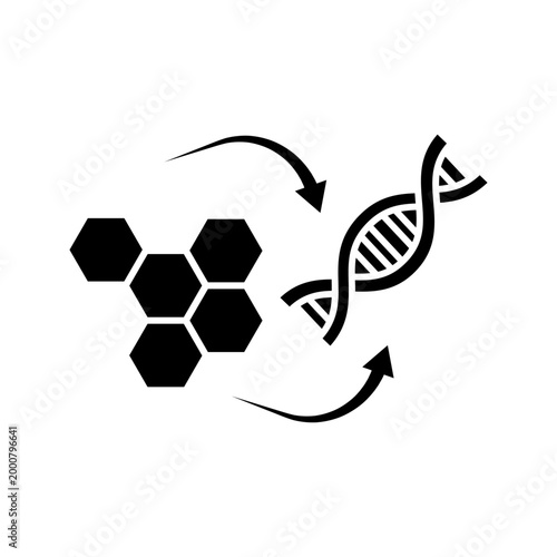 Minimal outline icon illustrating DNA strands connected with molecular structures representing biotechnology, genetic engineering, and scientific research processes.