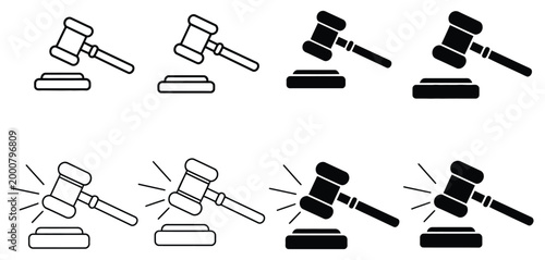 Outline and solid gavel icon set featuring gavels and sound blocks for legal proceedings and auction judgments, vector illustration collection representing law justice court decisions and professional