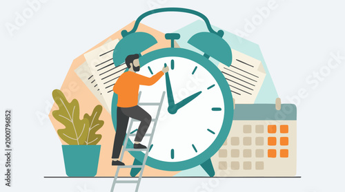 Illustration of man adjusting large alarm clock, symbolizing time management and deadlines
