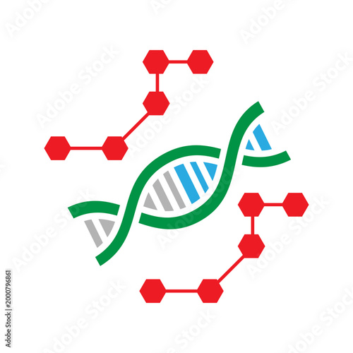 Minimal line icon showing DNA helix surrounded by molecular shapes representing chemical structures, biotechnology, and scientific analysis concepts.