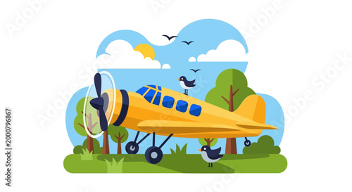 Yellow Propeller Plane Ready for Takeoff on a Sunny Day.