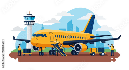 Yellow passenger airplane on airport runway with ground crew.