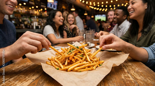 Crispy golden french fries served in a restaurant with friends enjoying a meal