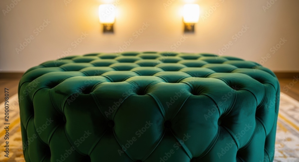 Fototapeta premium Close-up of a deep emerald green velvet tufted ottoman with soft, luxurious upholstery