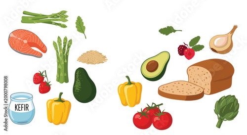 Selection of healthy food icons featuring salmon, asparagus, avocado, tomatoes, peppers, and whole grain bread for nutrition.