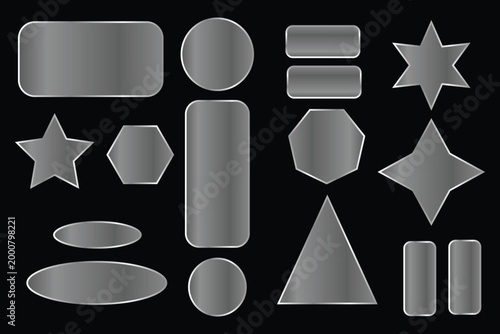 Set of glassy geometric shapes in different angles isolated on a black background.
