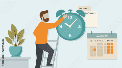 Obraz na plátne Man organizing time and tasks with wall clock and calendar concept