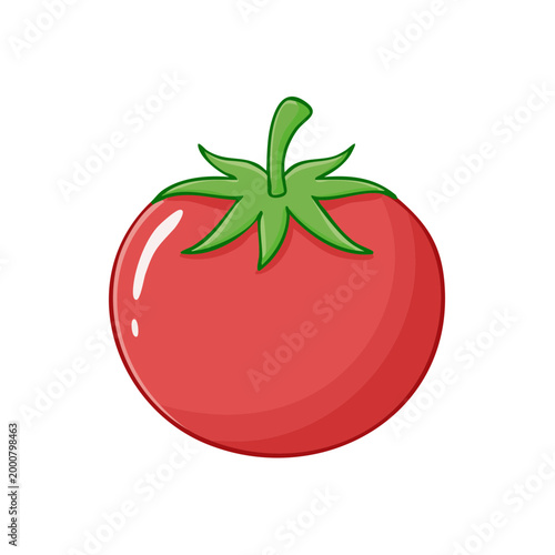 Cartoon illustration of a ripe red tomato with a green stem and leaves isolated on white