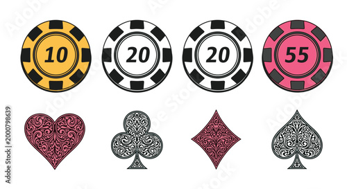 Set of gambling elements featuring four colorful poker chips with values and ornate suit symbols for heart, club, diamond, and spade.