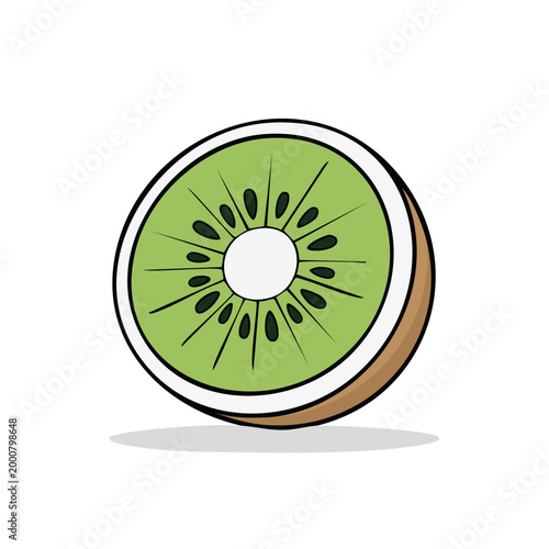 Cross section of a fresh kiwi fruit with vibrant green flesh and black seeds