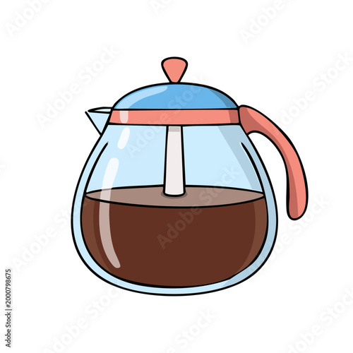 Clear glass coffee pot with brewed coffee and colorful lid and handle
