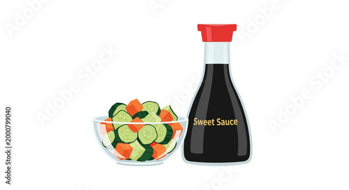 Soy sauce bottle and fresh cucumber salad with carrots in a bowl