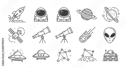 Space Exploration Icons Collection Rocket Astronaut Planet Telescope Alien.