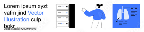 Data management, medical research, diagnostics, healthcare, technology, education. Server stack, person pointing lung diagram. Medical research and data management concept