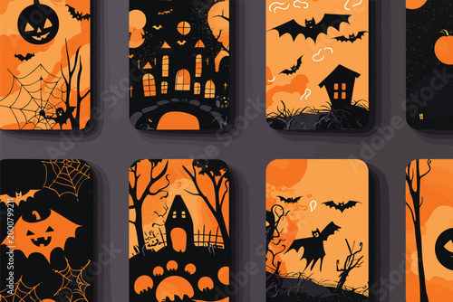 Halloween Themed Illustrations Featuring Spooky Silhouettes and Pumpkins.