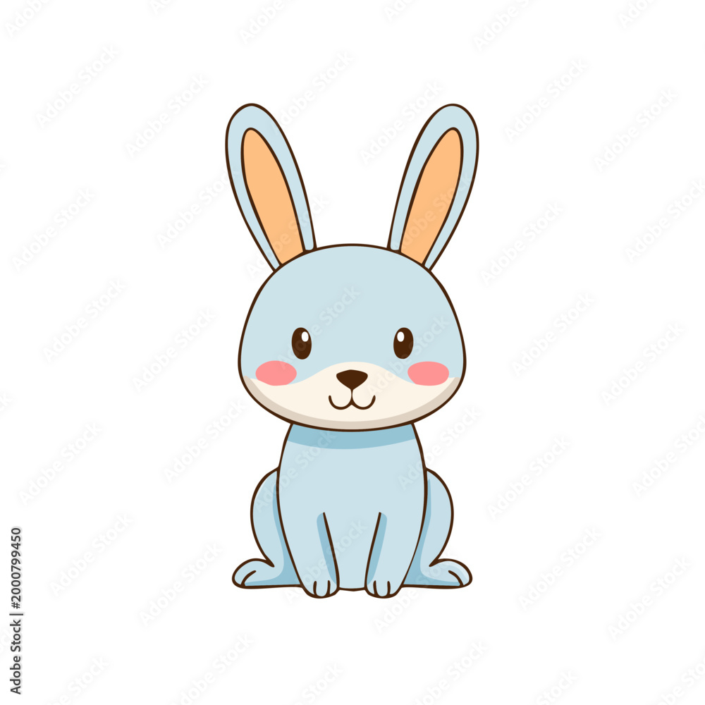 Obraz premium Adorable light blue cartoon rabbit with long ears and rosy cheeks, sitting and looking forward with a friendly expression, isolated on a white background