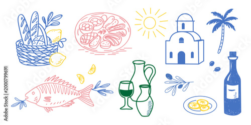 Summer Travel Picnic Element. Sun, Church, Fish, Wine Bottle, Seafood and Bakery Bread Ingredient Icon. Contour Outline Sketch Drawn Brush Stroke Design. Mediterranean Resort Cafe Menu Line Art