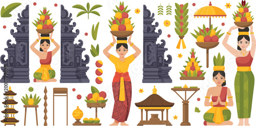 Balinese women carrying traditional offerings with temple gates and ceremonial decorations, colorful flat illustration representing Bali culture, Hindu ceremony, and cultural heritage design projects.