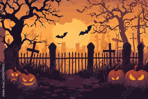 Spooky Halloween Cemetery Scene with JackoLanterns and Bats.