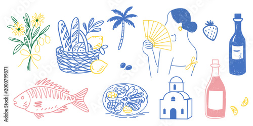 Summer Travel Picnic Element. Woman, Church, Fish, Wine Bottle, Seafood and Bakery Bread Ingredient Icon. Contour Outline Sketch Drawn Brush Stroke Design. Mediterranean Resort Cafe Menu Line Art