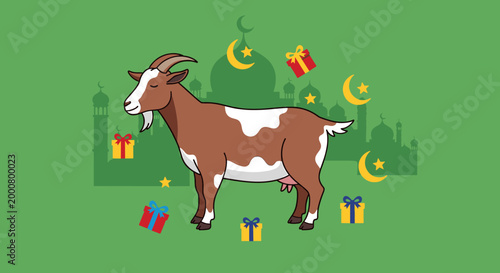 A brown and white goat stands in front of a green background with Islamic crescent moons, stars, and gift boxes, symbolizing Eid al-Adha.