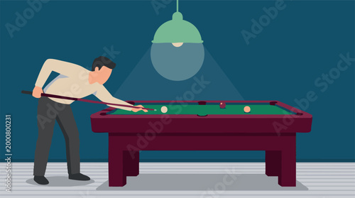 Man Playing Billiards on a Pool Table Under a Lamp Illustration