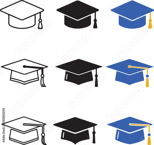 Graduation Cap Icon Set – Minimal Mortarboard Vector Collection in Outline, Solid and Blue Styles