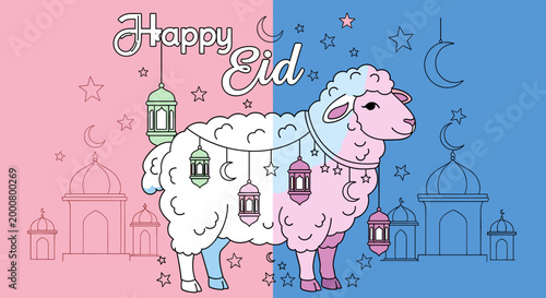A festive illustration for Eid al-Adha featuring a sheep decorated with lanterns and crescent moons, set against a split background of pink and blue with mosque outlines.