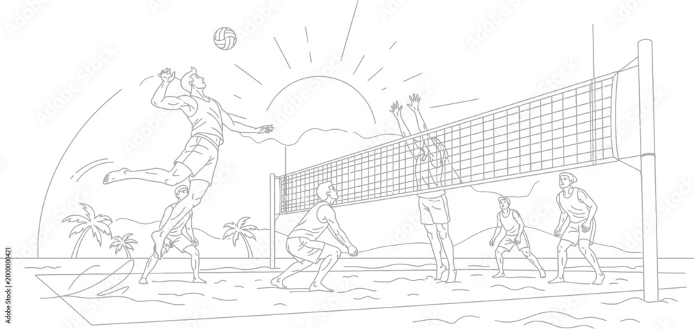 Obraz premium Athletic men playing beach volleyball near the ocean with palm trees under a setting sun creating a vibrant summer scene.