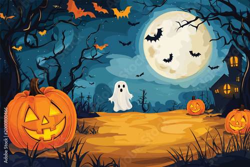 Spooky Halloween Night with Friendly Ghost and JackoLanterns.