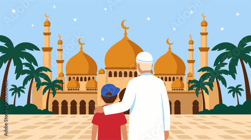 Muslim man and boy looking at a grand mosque with minarets and domes