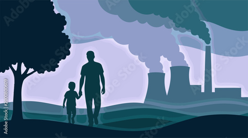 Father and child silhouetted against industrial pollution impacting future environment