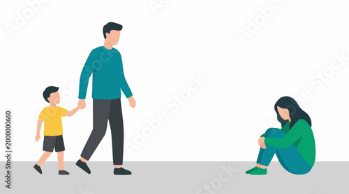 Father and child walking away from sad, dejected woman illustration