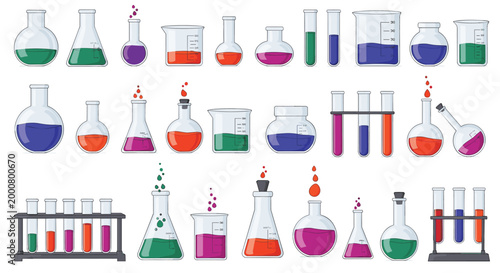 Large set of colorful laboratory glassware including beakers, flasks, and test tubes filled with various chemical liquids.