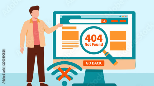 Man pointing at computer monitor showing 404 Not Found error and no Wi-Fi