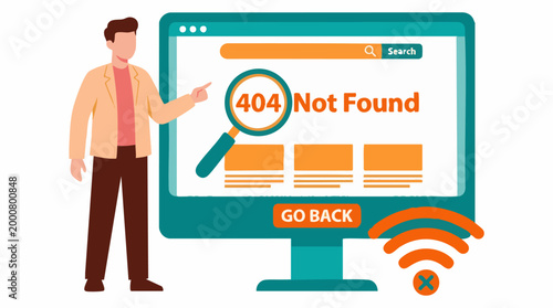 Man with 404 Not Found error on computer monitor and no Wi-Fi