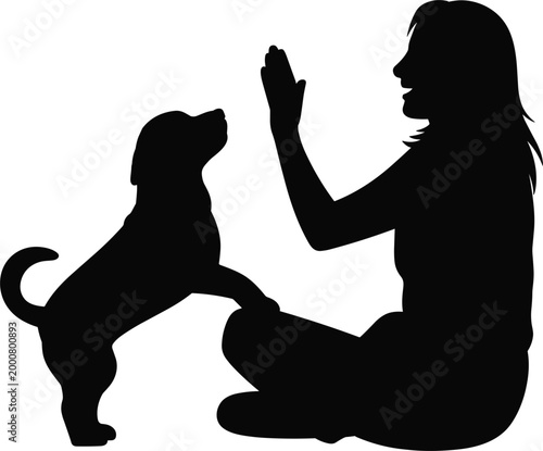 Bild auf Leinwand Woman training dog silhouette illustration, pet obedience interaction vector des