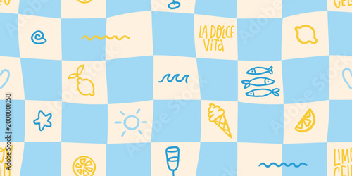 Hand drawn Amalfi summer checkered seamless pattern with lemons, fish, ice cream and La Dolce Vita lettering, playful Mediterranean picnic texture for seaside cafe branding, textiles, packaging