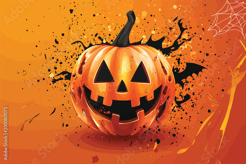 Spooky Jack O Lantern Halloween Pumpkin with Bat Silhouette.