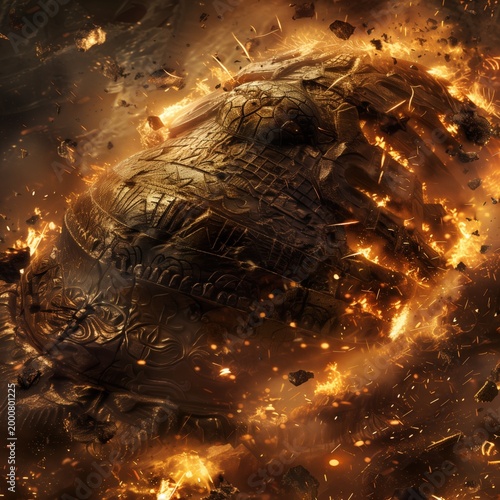 Ancient metallic artifact burning with sparks and debris. AI-generated.