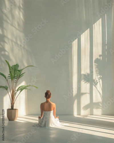 Woman meditating in bright minimalist room with plant shadows. AI-generated.