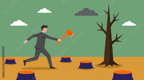 Businessman with axe cutting down trees, illustrating deforestation impact