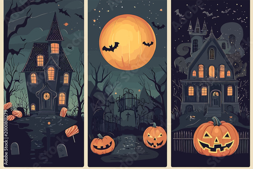 Three Spooky Halloween Scenes with JackoLanterns and Haunted Houses.