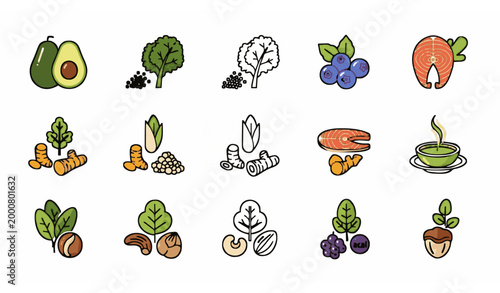 Superfood Healthy Nutrition Icon Set Multiple Style Vector Collection