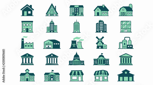 Flat design building icons collection: diverse architecture types vector set