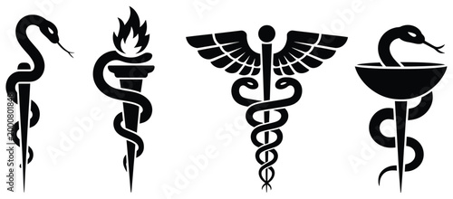 Caduceus medical symbol icon collection, snake staff logo for healthcare, pharmacy, and professional medical branding, simple modern vector design for clinics and hospitals.

